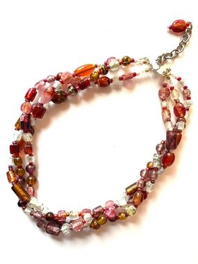 Multi-Strand Pink & Amber Glass Bead Necklace